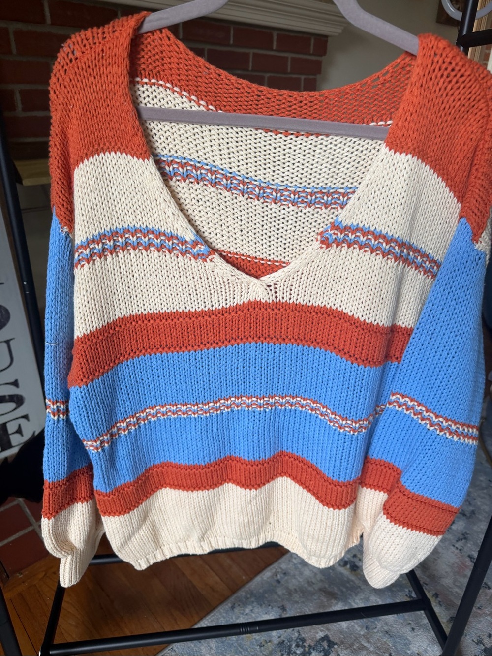 Striped V-Neck Knit Sweater in Orange, Cream & Blue
